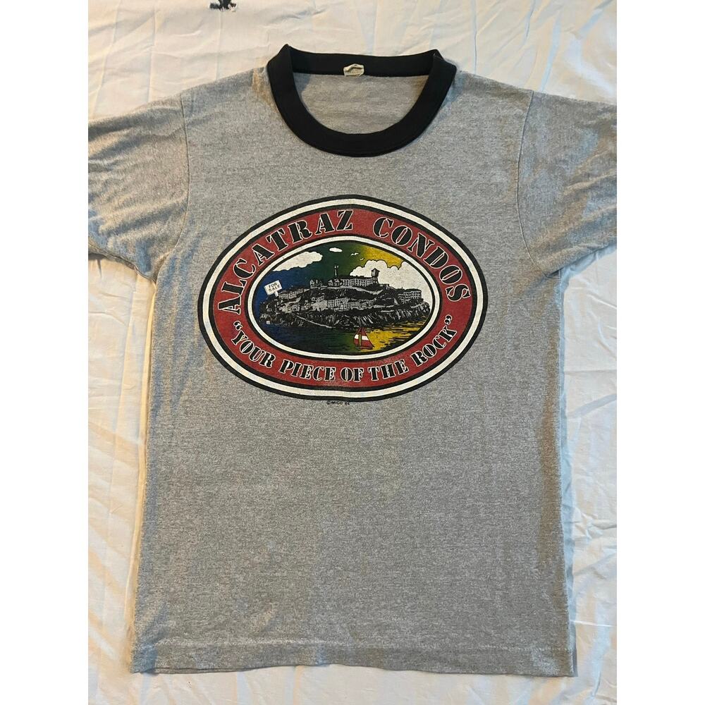 VTG 1984 Alcatraz Condos Ringer T-Shirt Size S Screen Stars Single Stitch 50/50